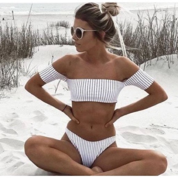 Other - Black and White Stripe Off the Shoulder Bikini Top